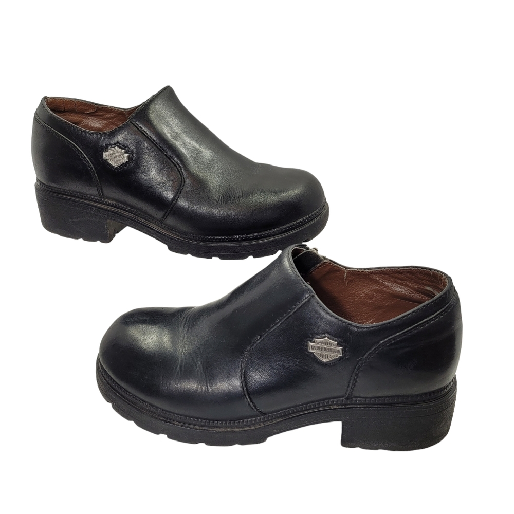 Harley Davidson Black Leather Y2K Slip On Side Zip Low Top Boots Booties